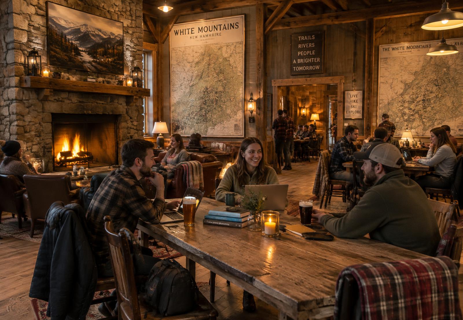 The commons inside the main house: long communal tables, laptops, a lit stone fireplace and vintage White Mountains trail maps