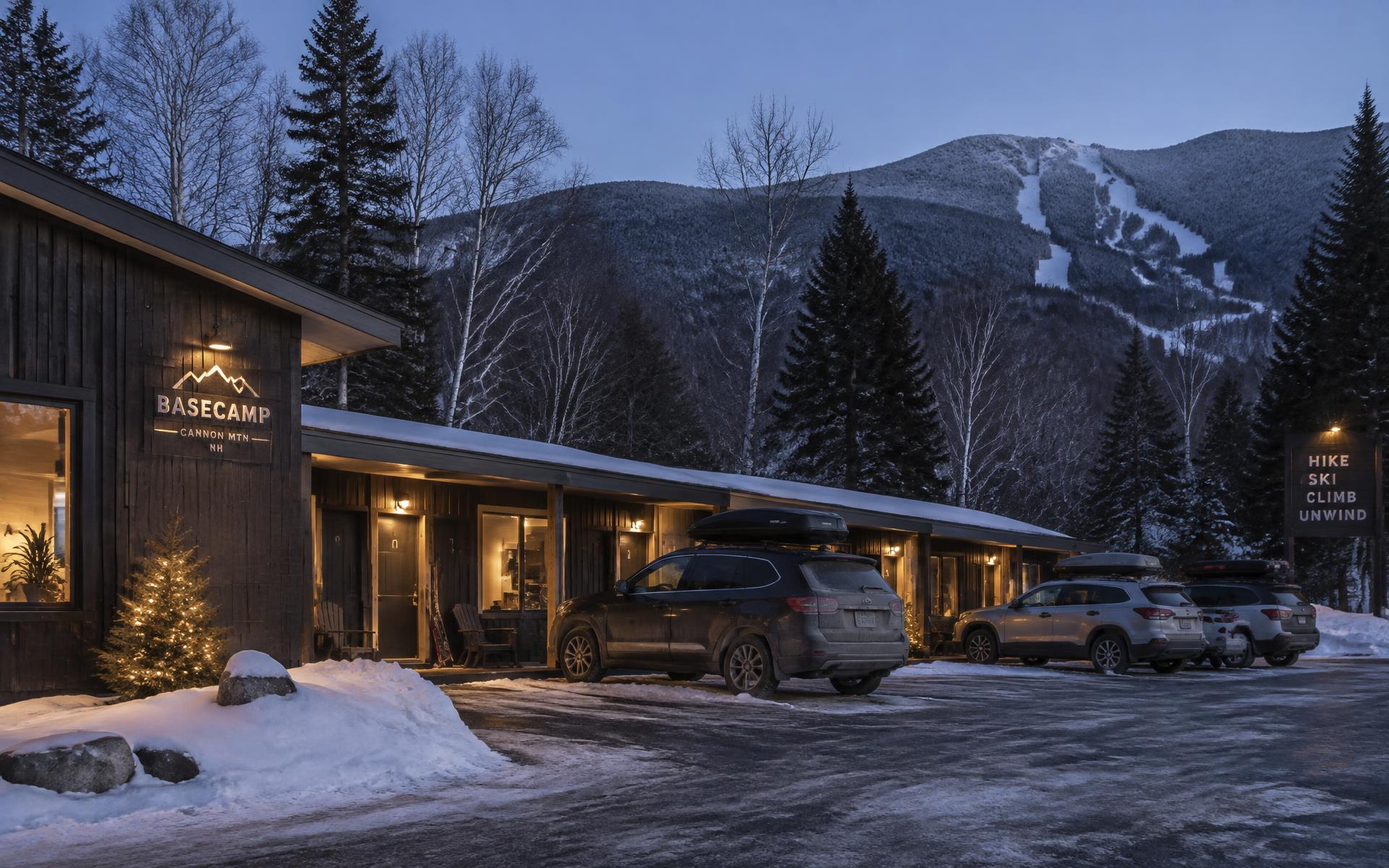 Wilder Outpost at dusk: a drive-up motel court below Cannon Mountain in the White Mountains of New Hampshire
