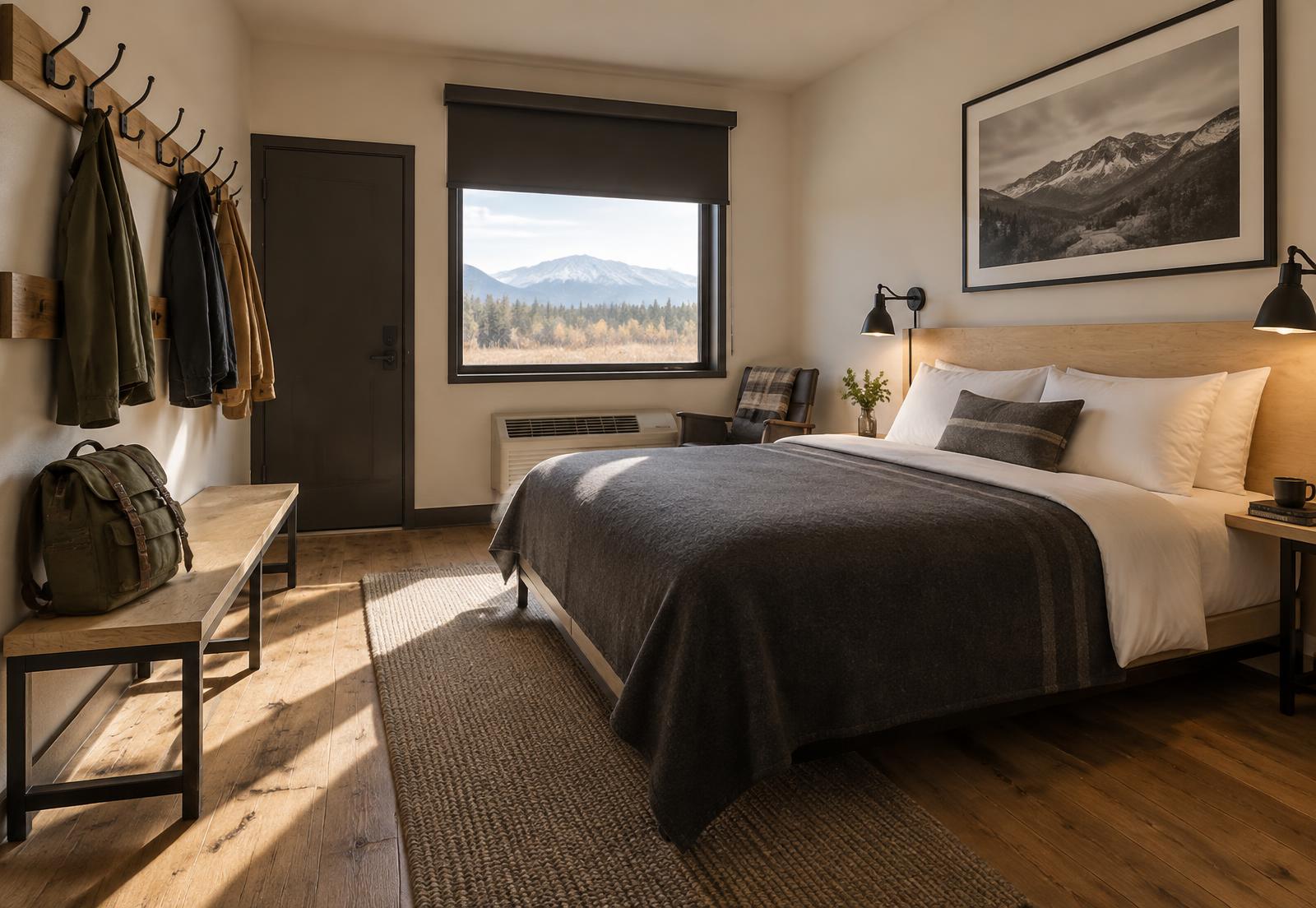 A Wilder Outpost guest room with a wool-blanketed bed, gear bench, hooks and blackout shade